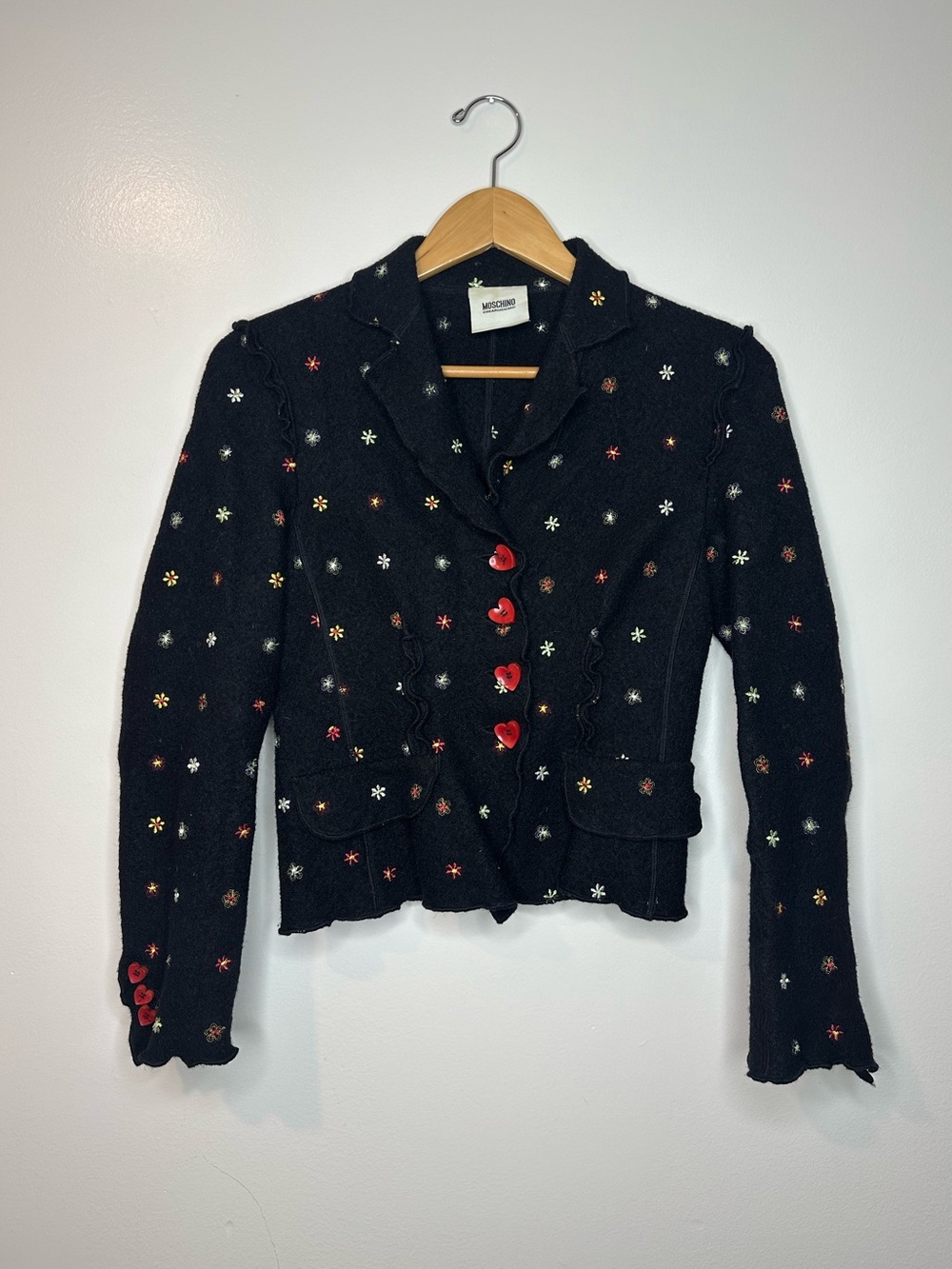 VTG MOSCHINO BLACK WOOL HEART BUTTON JACKET 40 USA 6 ITALY RARE Coquette Quirky